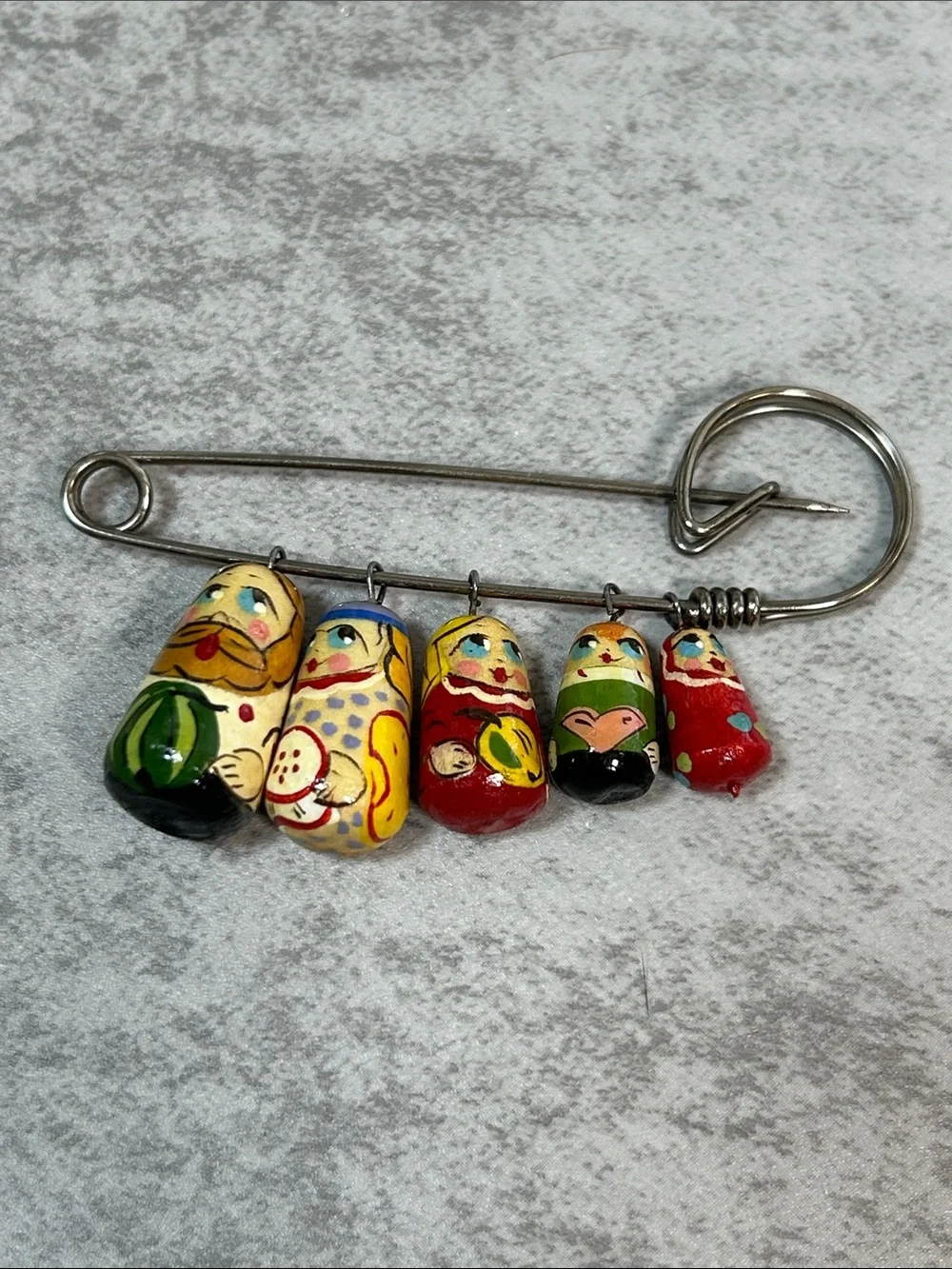 Matryoshka Doll Charm Safety Pin Brooch - Hand-Painted Mini Nesting Dolls